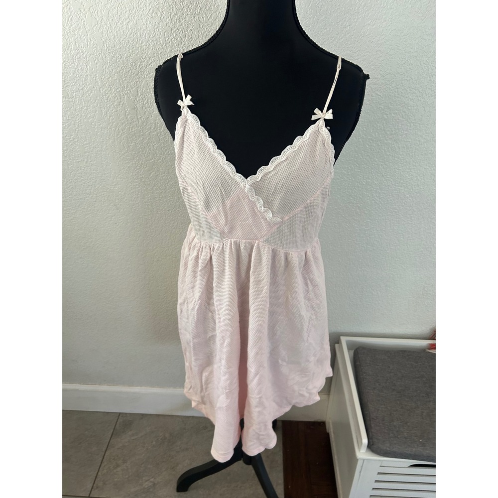 Vintage Victorias Secret Gold Label Pink Cotton Waffle Knit Lace Chemise Medium